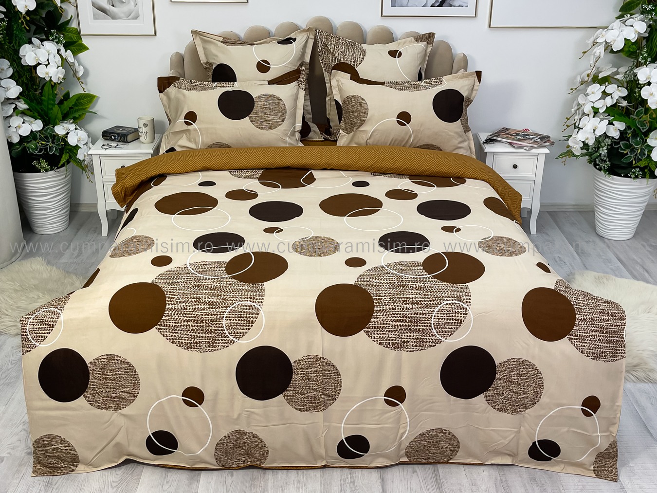 Lenjerie pat dublu,  FINET, 6 piese, cu ELASTIC, Jojo Home, Bej-Maro, buline - 1 | YEO