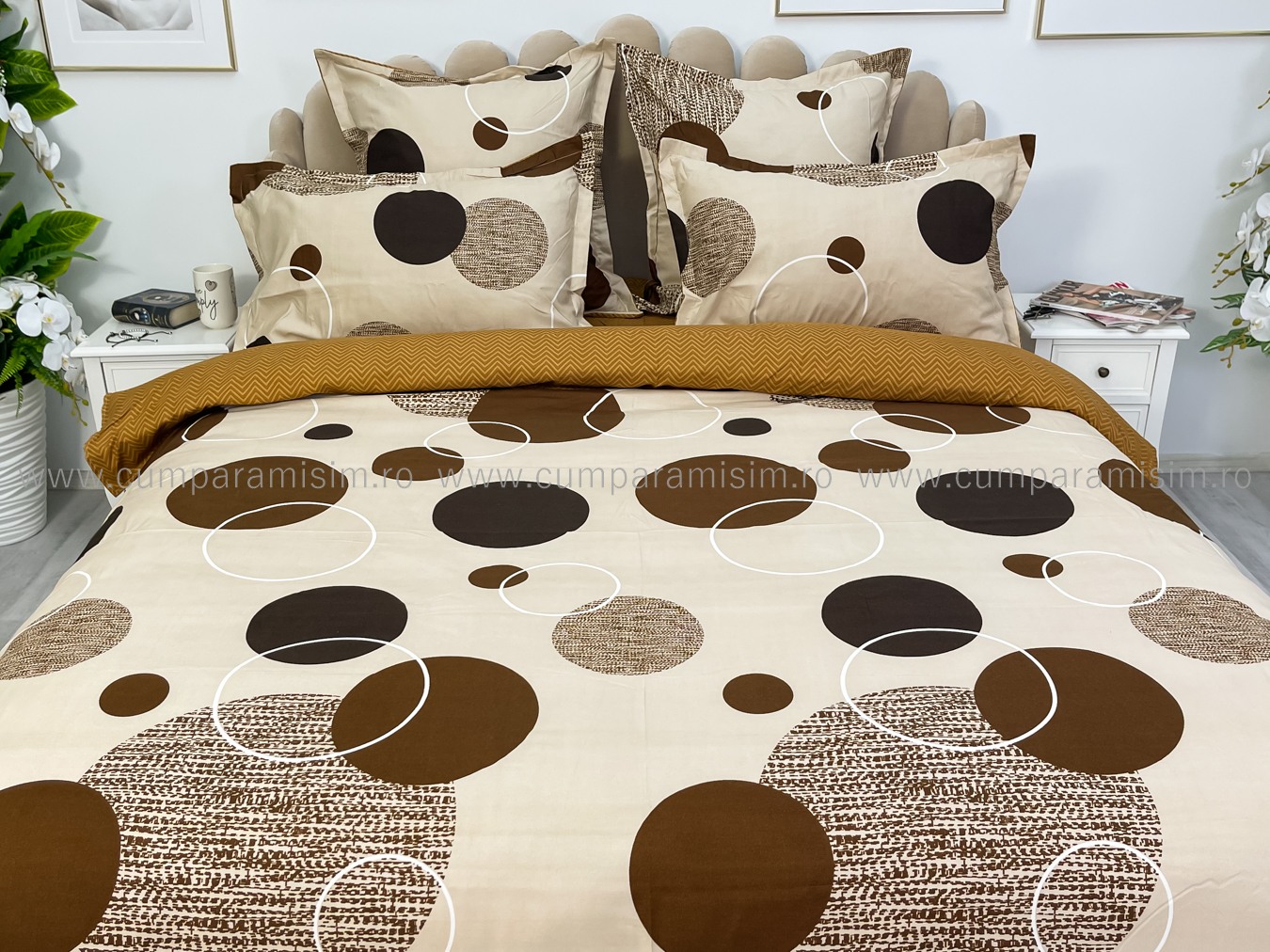 Lenjerie pat dublu,  FINET, 6 piese, cu ELASTIC, Jojo Home, Bej-Maro, buline - 2 | YEO