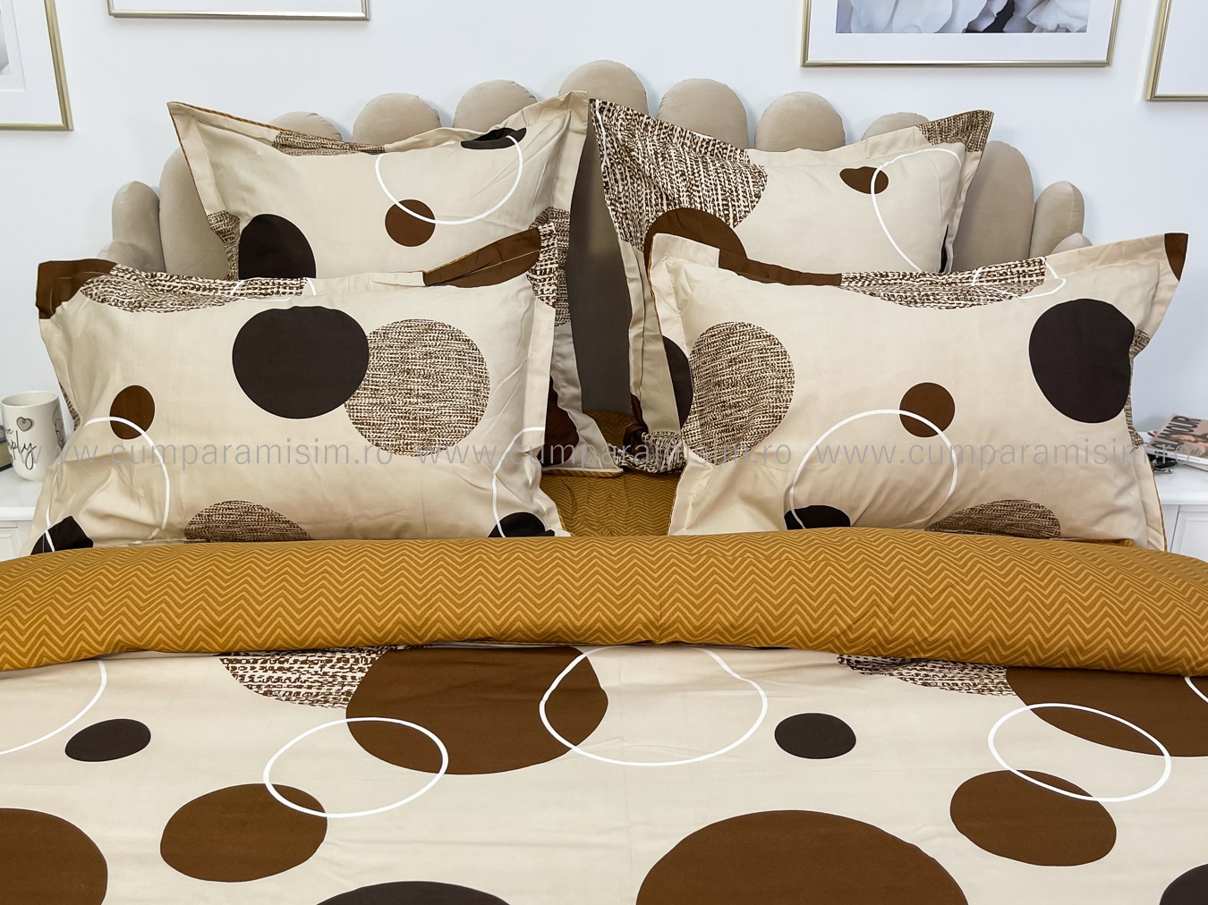 Lenjerie pat dublu,  FINET, 6 piese, cu ELASTIC, Jojo Home, Bej-Maro, buline - 3 | YEO
