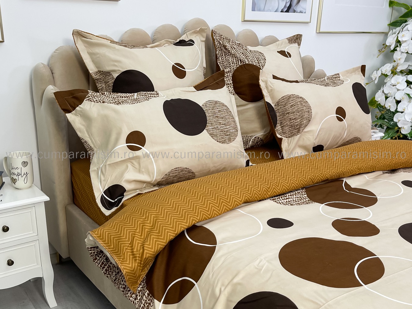 Lenjerie pat dublu,  FINET, 6 piese, cu ELASTIC, Jojo Home, Bej-Maro, buline - 4 | YEO