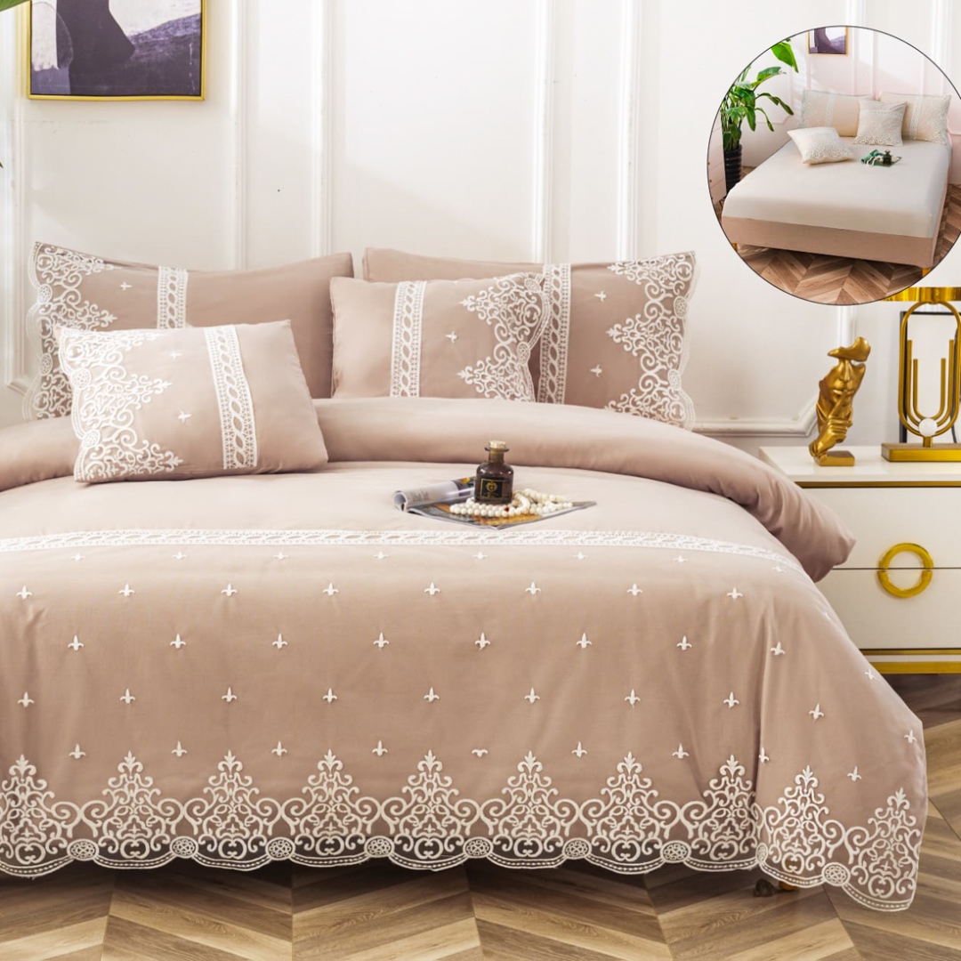 Lenjerie pat dublu,  Fin cu Dantela si Broderie Rafinata, CEARSAF CU ELASTIC, 6 piese, Bej - 1 | YEO