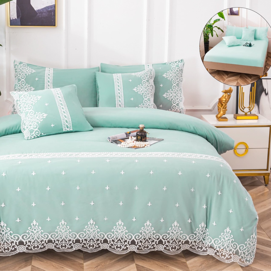 Lenjerie pat dublu,  Fin cu Dantela si Broderie Rafinata, CEARSAF CU ELASTIC, 6 piese, Menta - 1 | YEO