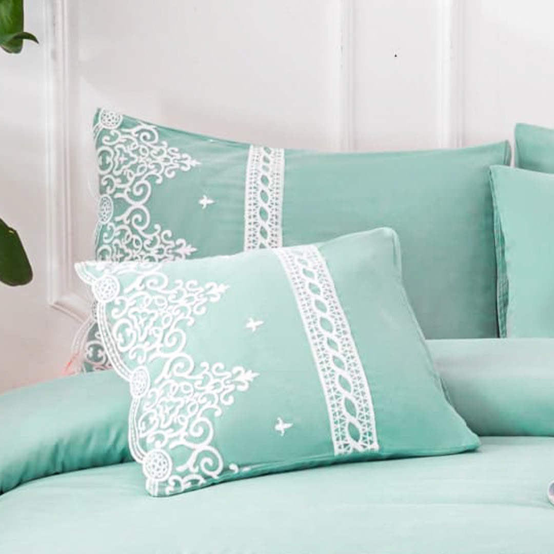 Lenjerie pat dublu,  Fin cu Dantela si Broderie Rafinata, CEARSAF CU ELASTIC, 6 piese, Menta - 3 | YEO