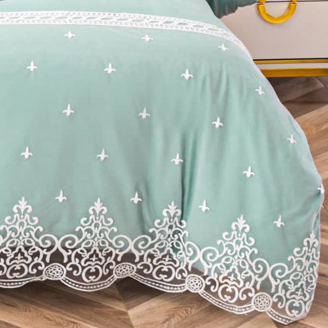 Lenjerie pat dublu,  Fin cu Dantela si Broderie Rafinata, CEARSAF CU ELASTIC, 6 piese, Menta - 4 | YEO