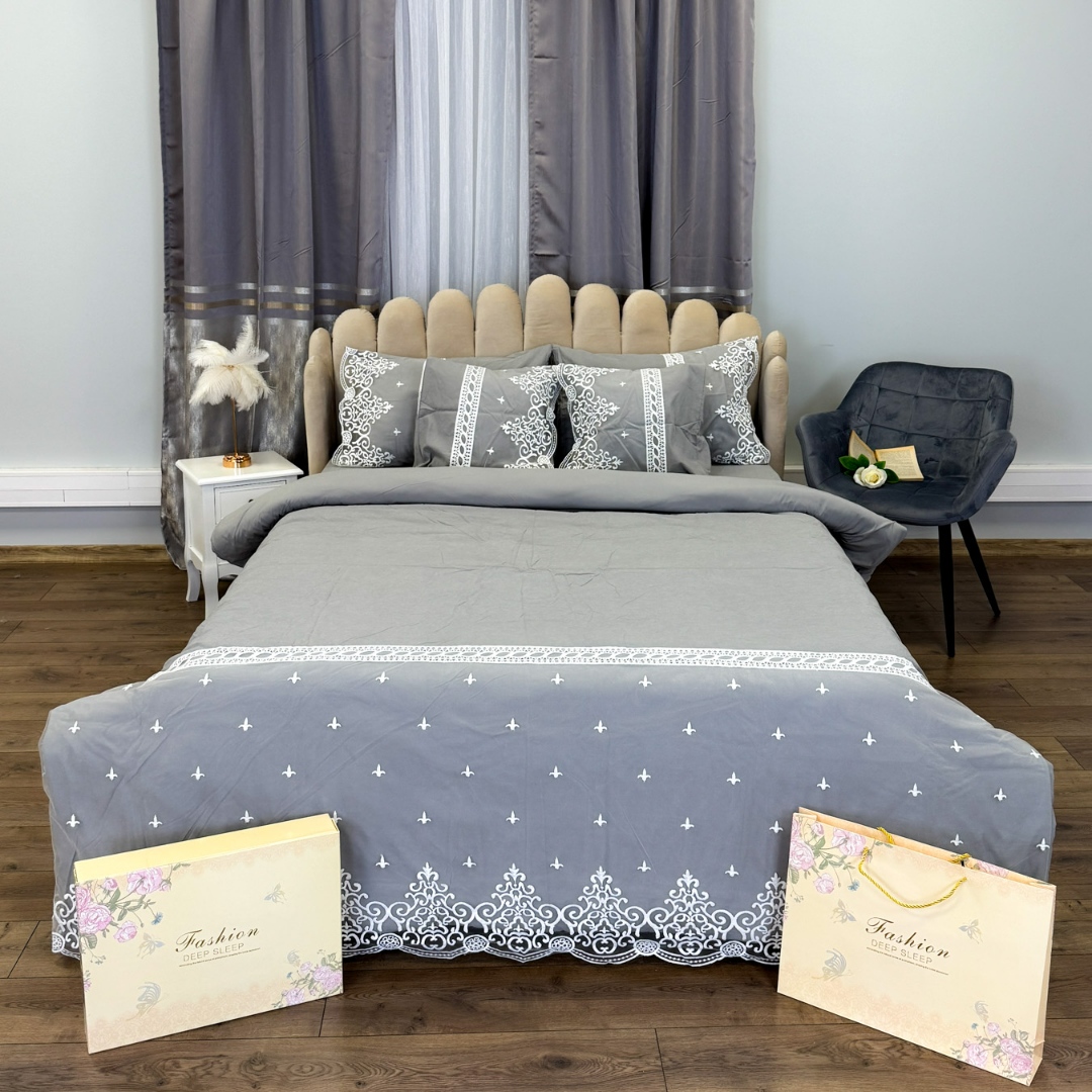 Lenjerie pat dublu,  Fin cu Dantela si Broderie Rafinata, CEARSAF CU ELASTIC, 6 piese, Gri - 1 | YEO
