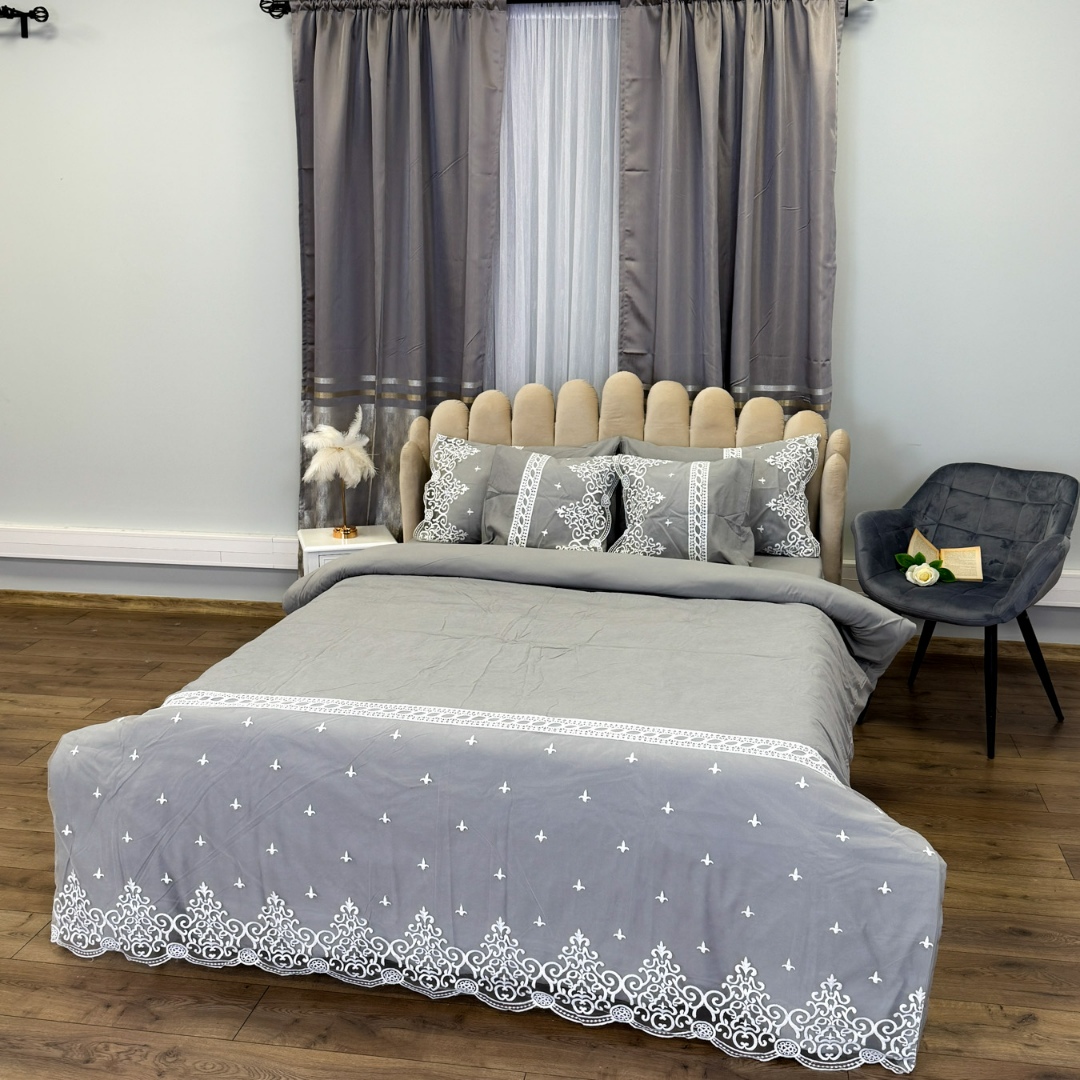 Lenjerie pat dublu,  Fin cu Dantela si Broderie Rafinata, CEARSAF CU ELASTIC, 6 piese, Gri - 2 | YEO