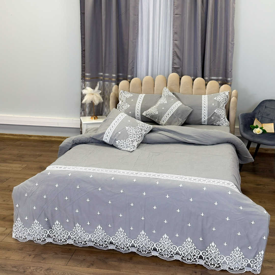 Lenjerie pat dublu,  Fin cu Dantela si Broderie Rafinata, CEARSAF CU ELASTIC, 6 piese, Gri - 3 | YEO