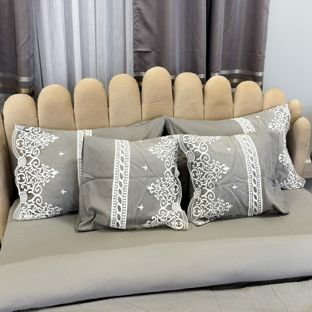 Lenjerie pat dublu,  Fin cu Dantela si Broderie Rafinata, CEARSAF CU ELASTIC, 6 piese, Gri - 4 | YEO