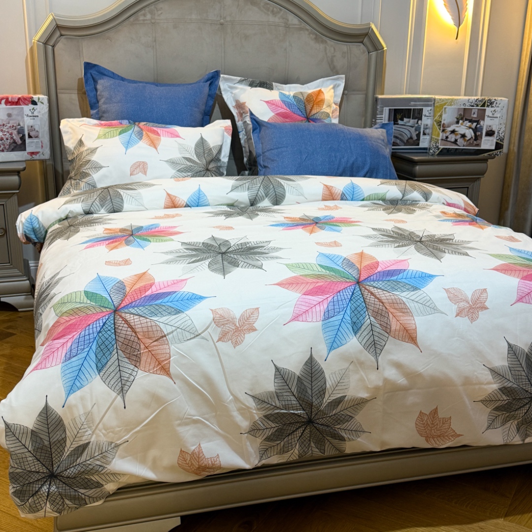 (OFERTA TRIO) Lenjerie Pat Dublu,  FINET, 6 piese, Alb, Bleumarin, Gri, Roz, Flori din Frunze - 1 | YEO