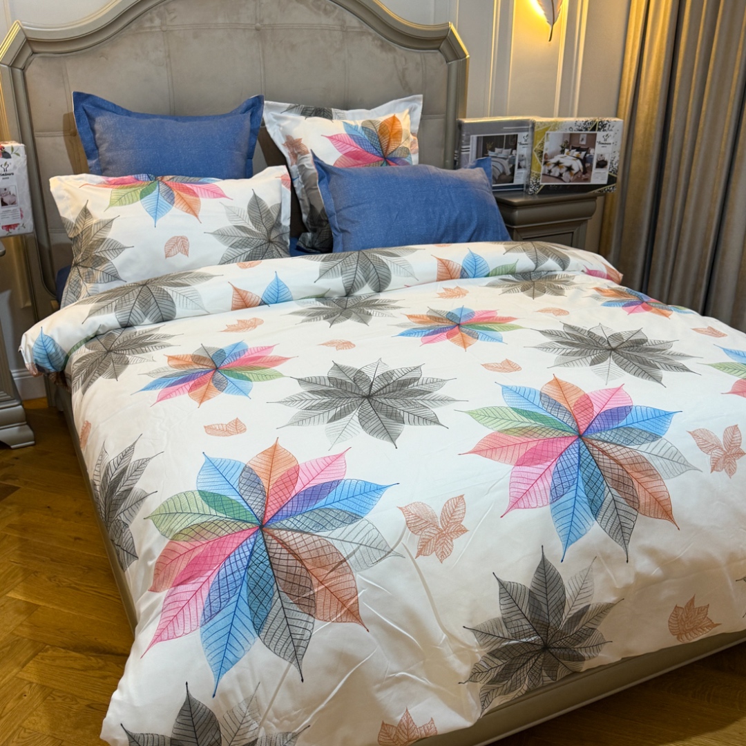 (OFERTA TRIO) Lenjerie Pat Dublu,  FINET, 6 piese, Alb, Bleumarin, Gri, Roz, Flori din Frunze - 2 | YEO
