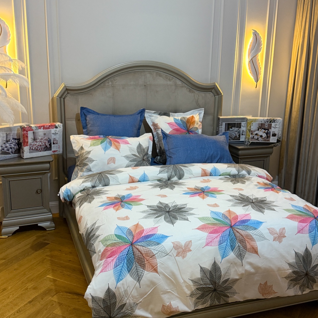 (OFERTA TRIO) Lenjerie Pat Dublu,  FINET, 6 piese, Alb, Bleumarin, Gri, Roz, Flori din Frunze - 3 | YEO