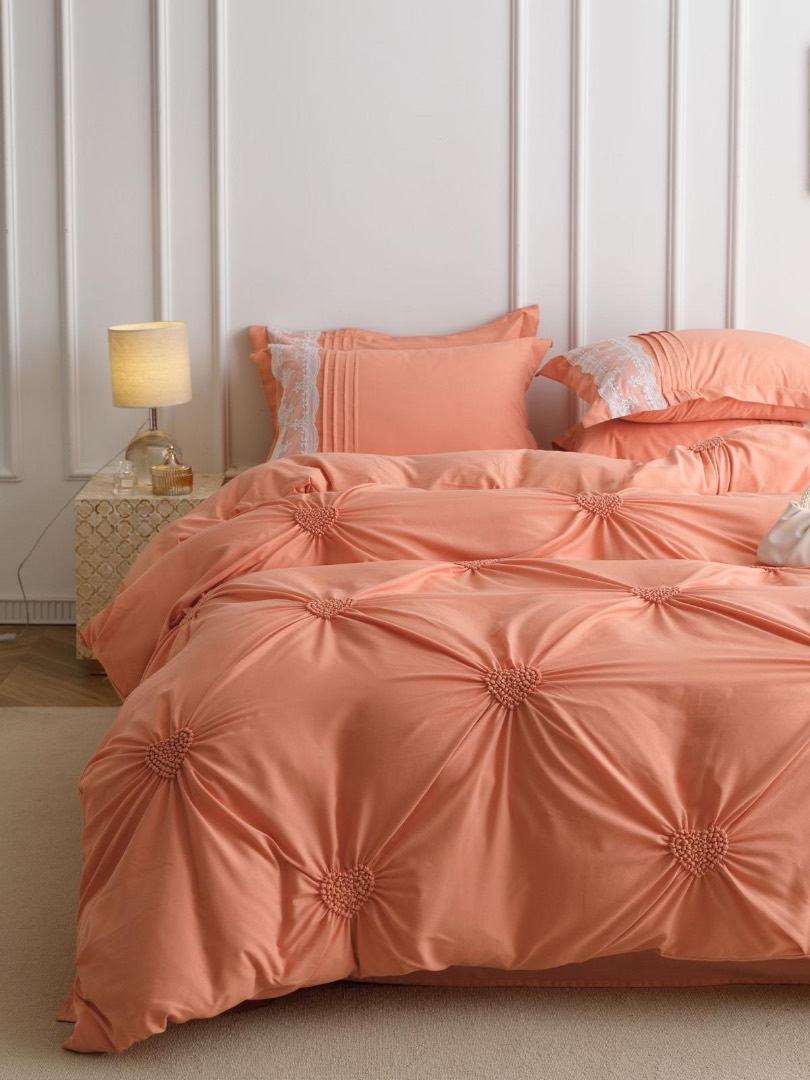 Lenjerie de Pat Premium, JOJO HOME, Finet Soft Touch, cu Inimioare din Pliuri Brodate, si Dantela Delicata, 6 Piese, Nesifonabila si Durabila, Somon - 2 | YEO