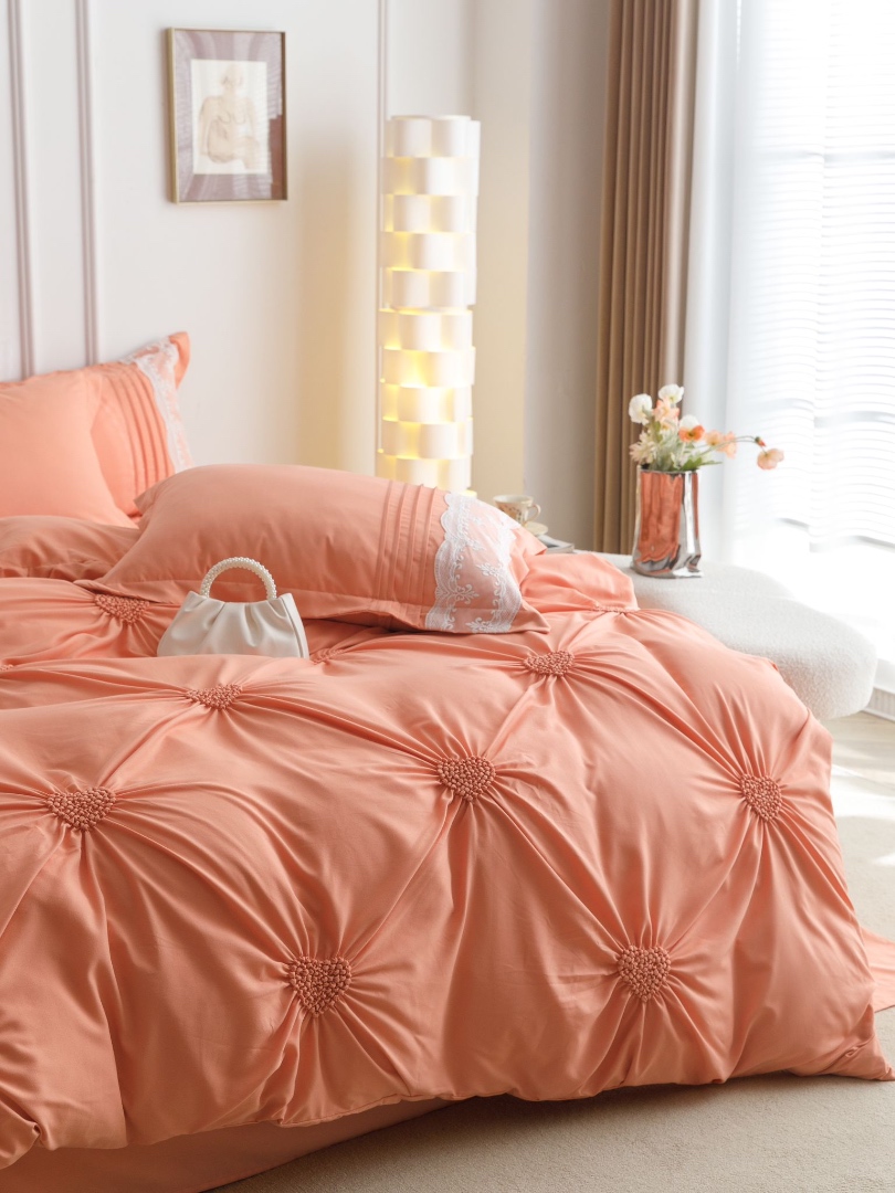 Lenjerie de Pat Premium, JOJO HOME, Finet Soft Touch, cu Inimioare din Pliuri Brodate, si Dantela Delicata, 6 Piese, Nesifonabila si Durabila, Somon - 3 | YEO