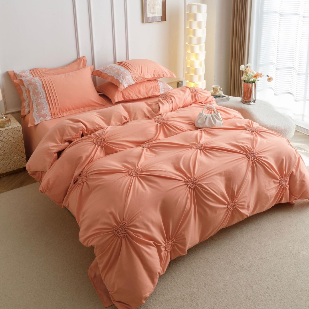Lenjerie de Pat Premium, JOJO HOME, Finet Soft Touch, cu Inimioare din Pliuri Brodate, si Dantela Delicata, 6 Piese, Nesifonabila si Durabila, Somon - 4 | YEO