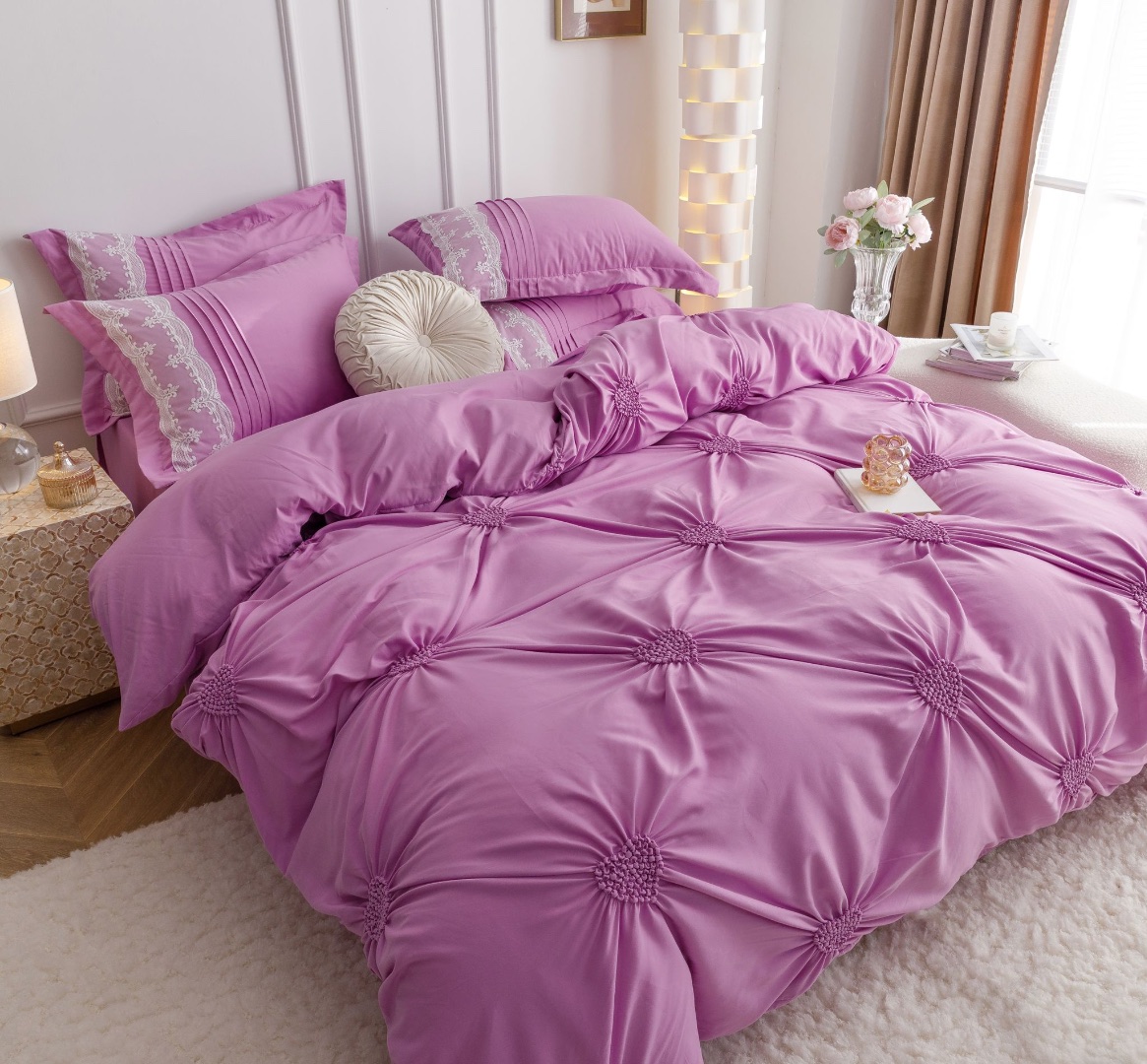 Lenjerie de Pat Premium, JOJO HOME, Finet Soft Touch, cu Inimioare din Pliuri Brodate, si Dantela Delicata, 6 Piese, Nesifonabila si Durabila, Roz - 3 | YEO