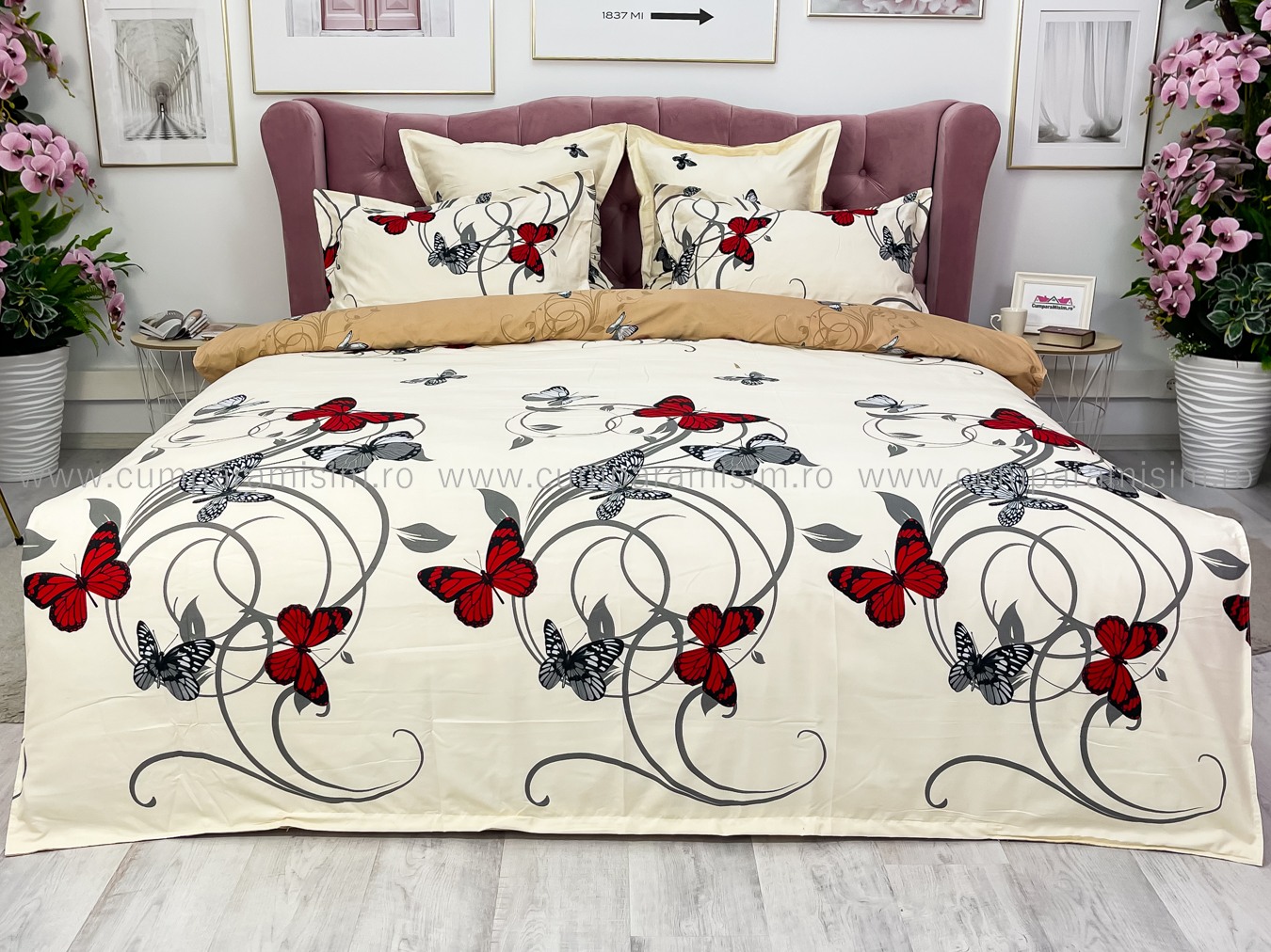 Lenjerie pat dublu,  FINET, 6 piese, Jojo Home, Crem-Negru-Rosu, fluturi - 1 | YEO