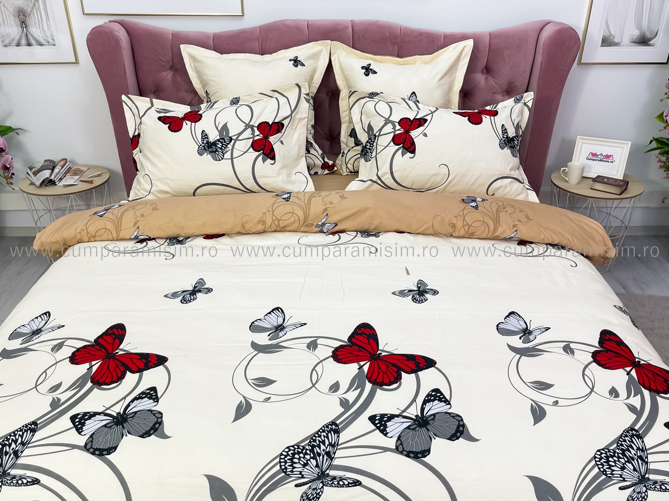 Lenjerie pat dublu,  FINET, 6 piese, Jojo Home, Crem-Negru-Rosu, fluturi - 2 | YEO