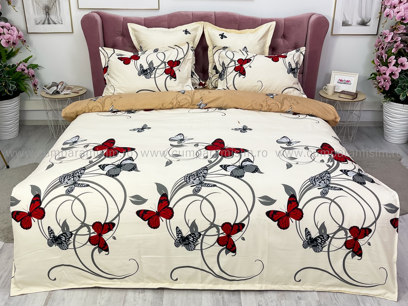 Lenjerie pat dublu,  FINET, 6 piese, cu ELASTIC, Jojo Home, Crem-Multicolor, fluturi - 1 | YEO