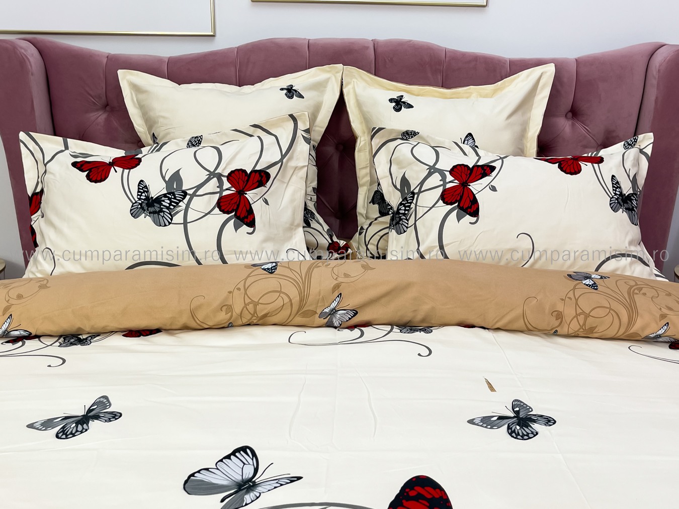 Lenjerie pat dublu,  FINET, 6 piese, cu ELASTIC, Jojo Home, Crem-Multicolor, fluturi - 3 | YEO
