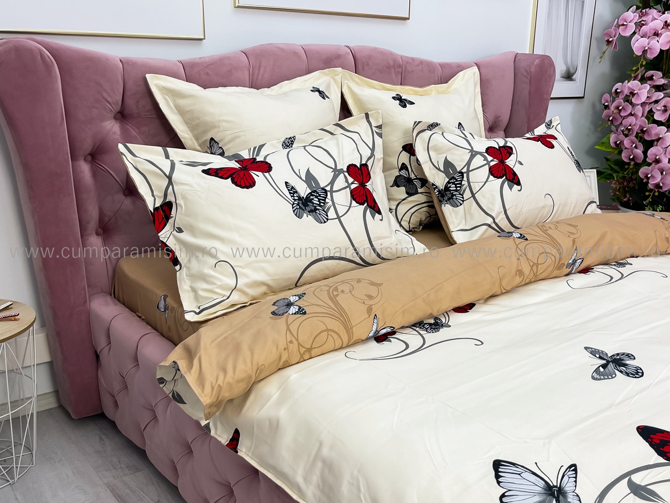 Lenjerie pat dublu,  FINET, 6 piese, cu ELASTIC, Jojo Home, Crem-Multicolor, fluturi - 4 | YEO