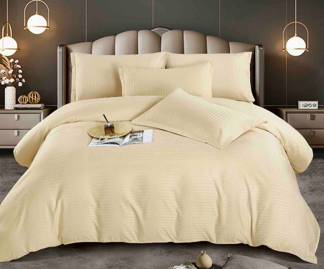 Lenjerie HoReCa, pat dublu, Damasc Finetat Deluxe, 6 piese, crem - 1 | YEO