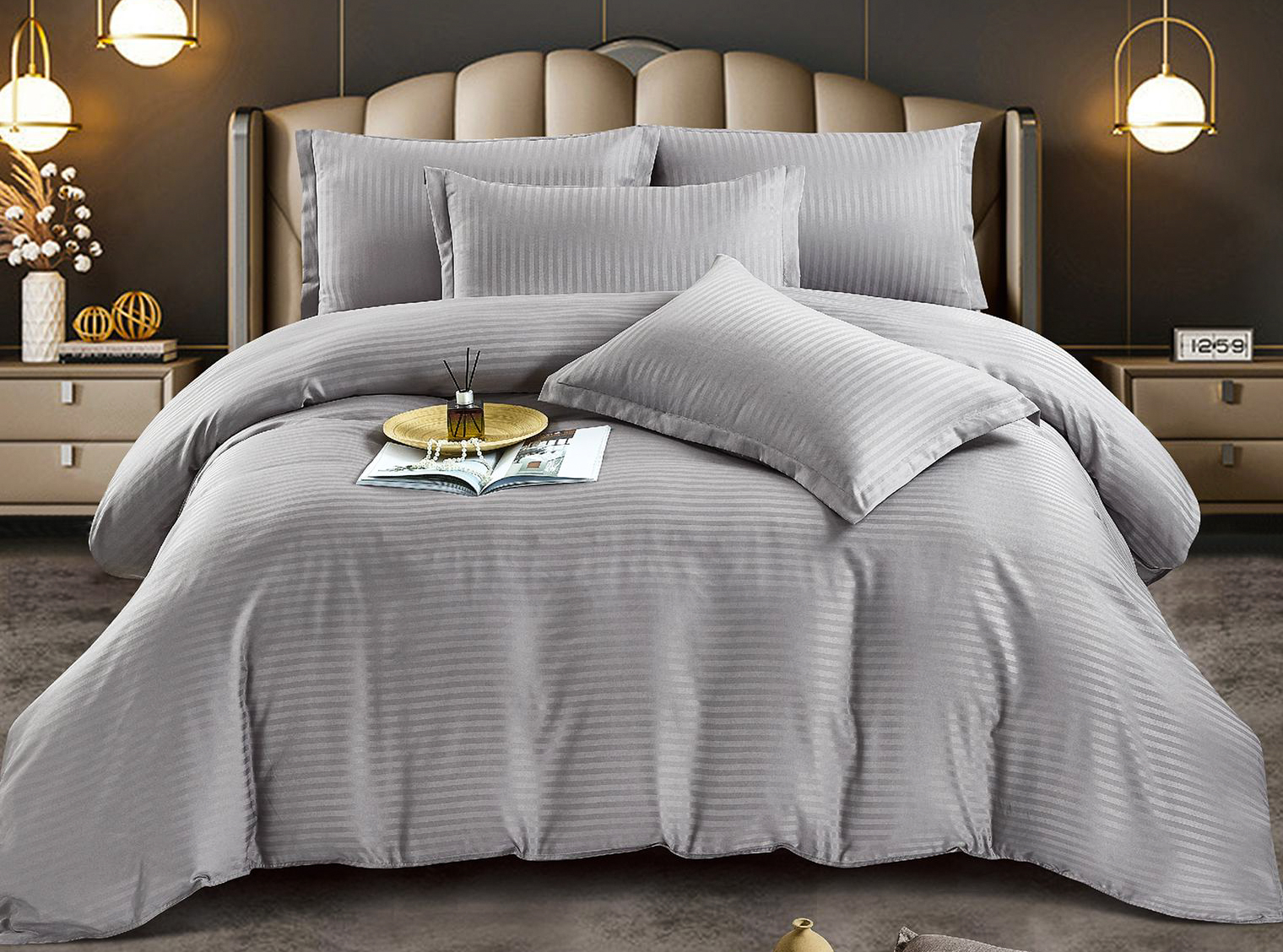 Lenjerie HoReCa, pat dublu, Damasc Finetat Deluxe cu Elastic, 6 piese, Jojo Home, Gri deschis - 1 | YEO
