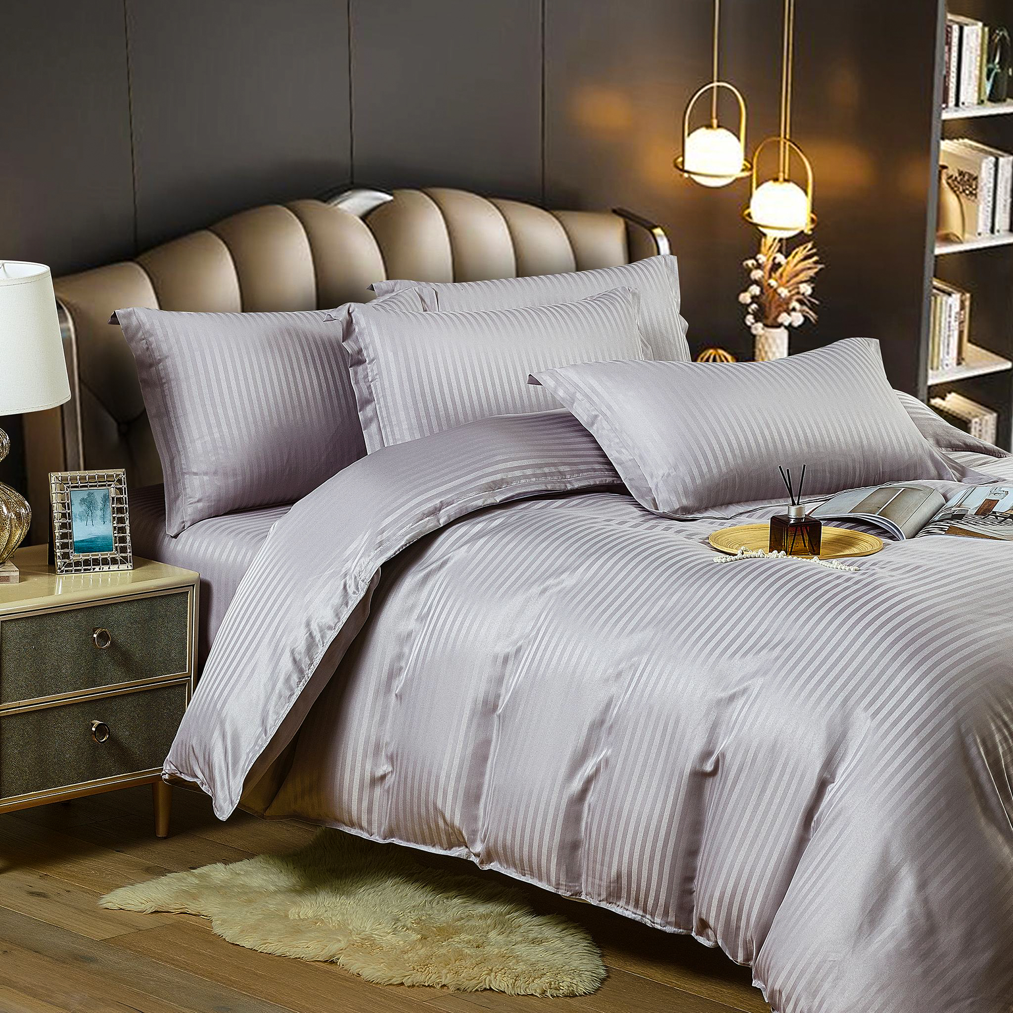 Lenjerie HoReCa, pat dublu, Damasc Finetat Deluxe cu Elastic, 6 piese, Jojo Home, Gri deschis - 2 | YEO