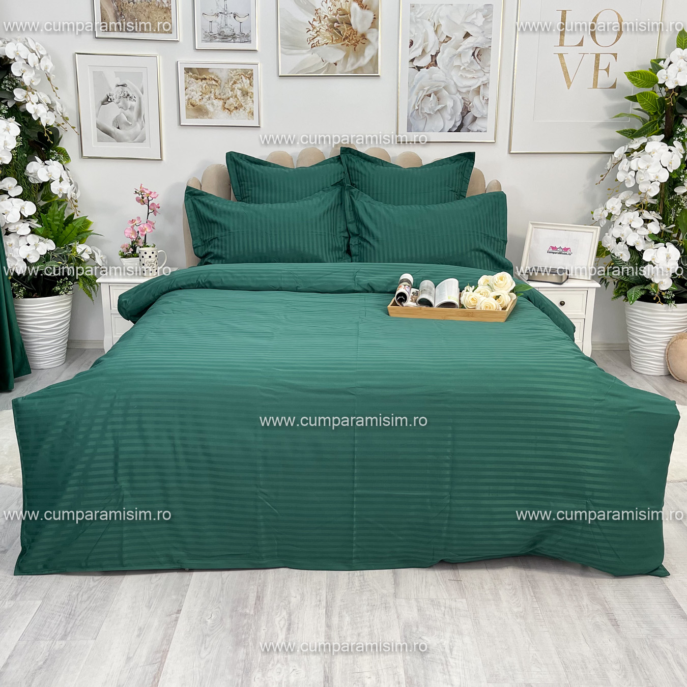 Lenjerie HoReCa, pat dublu, Damasc Finetat Deluxe cu Elastic, 6 piese, Jojo Home, Verde Smarald - 1 | YEO