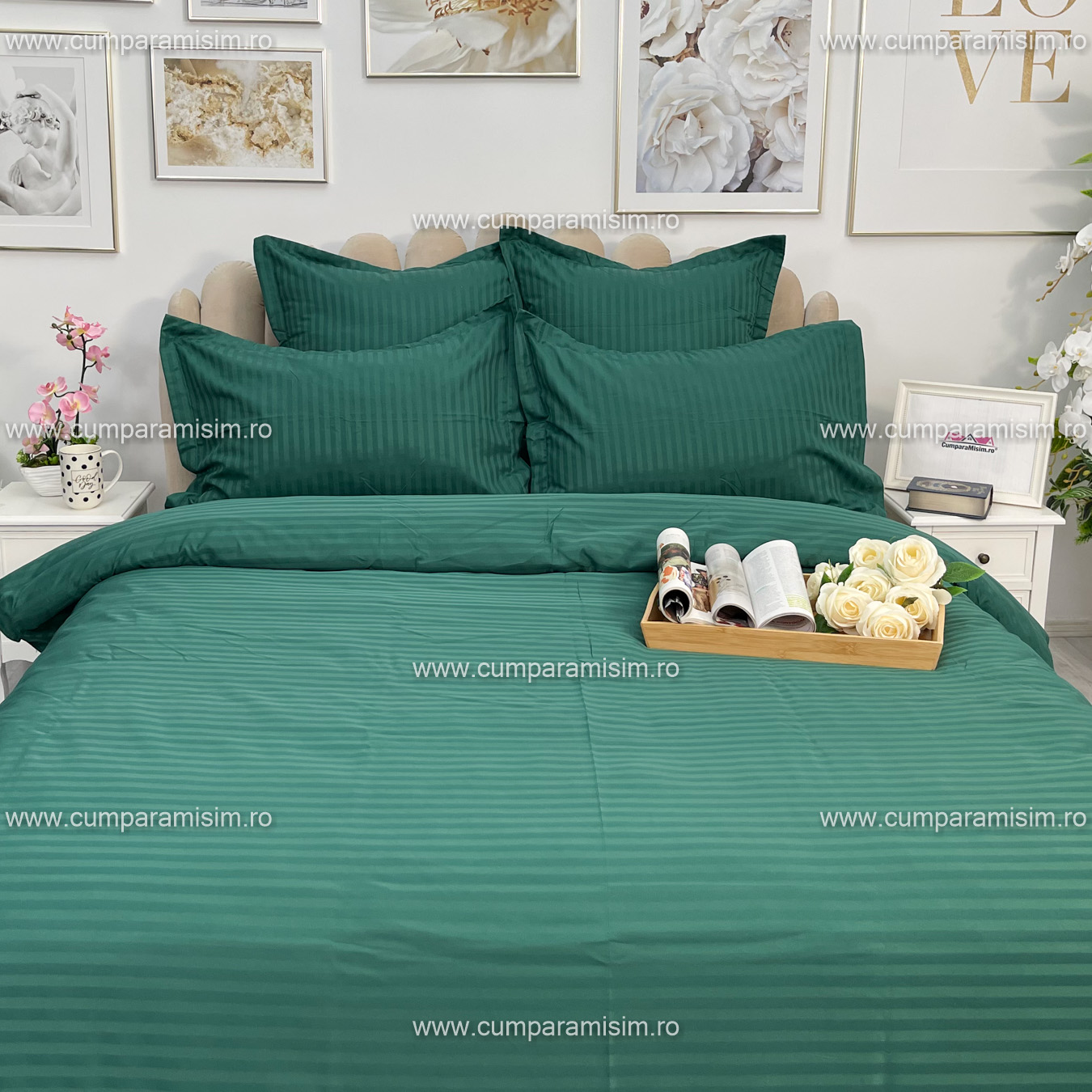 Lenjerie HoReCa, pat dublu, Damasc Finetat Deluxe cu Elastic, 6 piese, Jojo Home, Verde Smarald - 2 | YEO