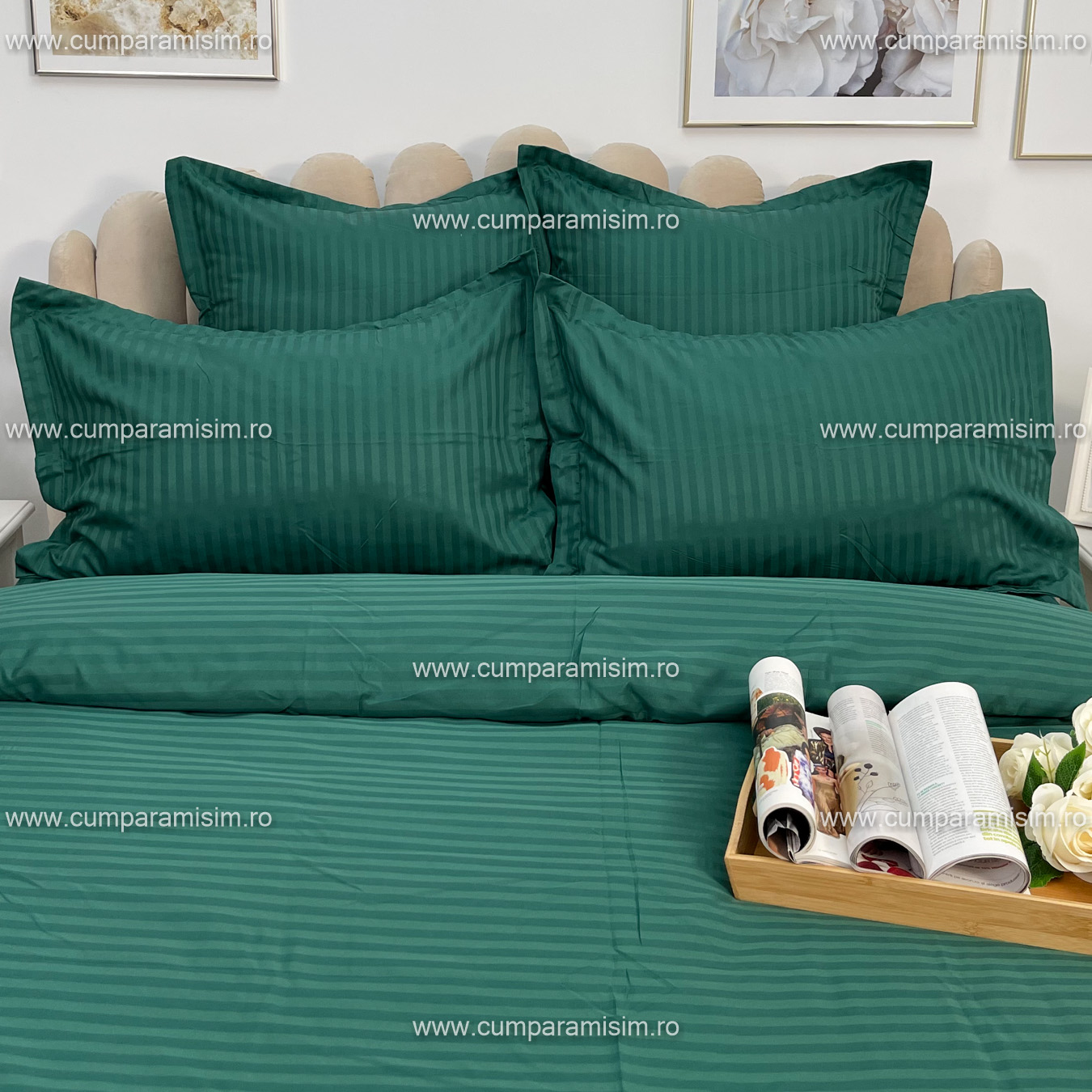 Lenjerie HoReCa, pat dublu, Damasc Finetat Deluxe cu Elastic, 6 piese, Jojo Home, Verde Smarald - 3 | YEO