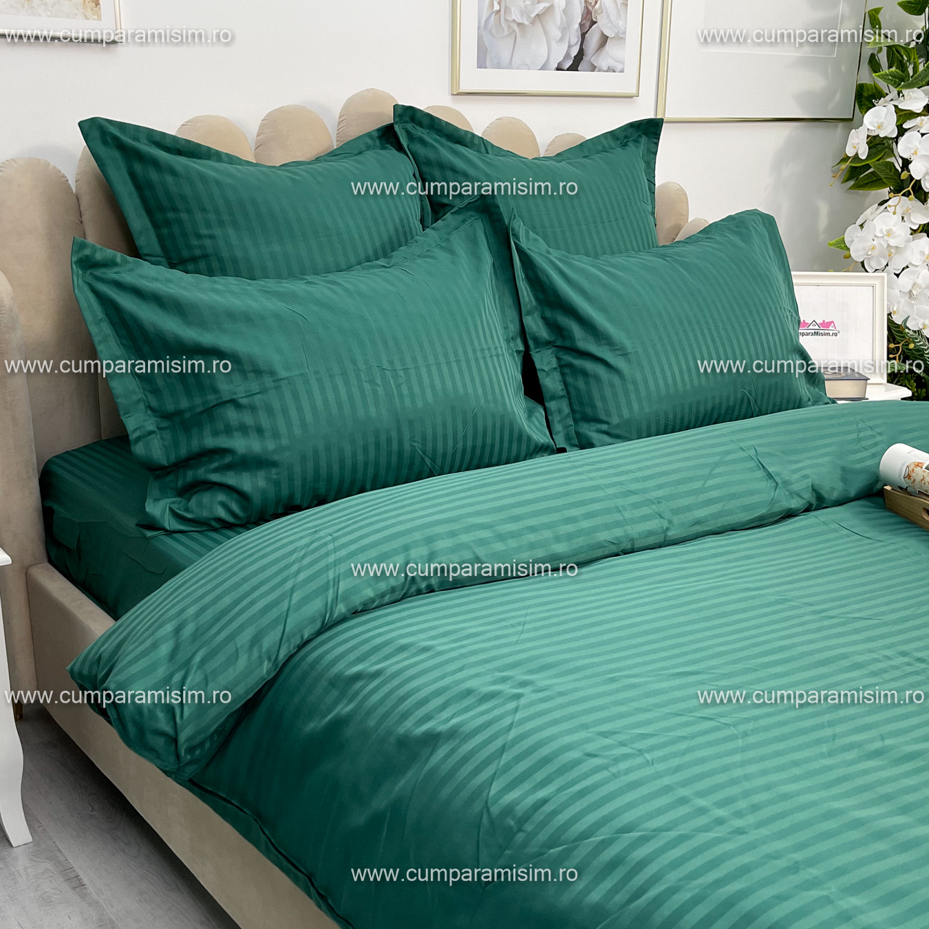 Lenjerie HoReCa, pat dublu, Damasc Finetat Deluxe cu Elastic, 6 piese, Jojo Home, Verde Smarald - 4 | YEO