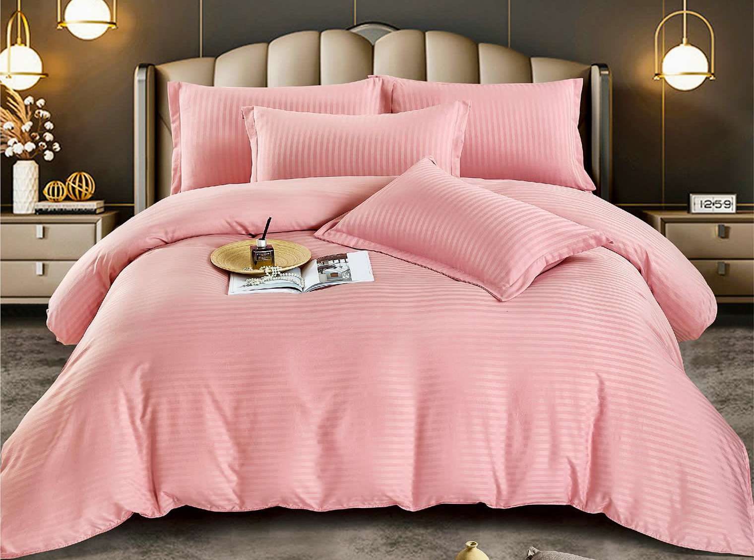 Lenjerie HoReCa, pat dublu, Damasc Finetat Deluxe cu Elastic, 6 piese, Jojo Home, Banan - 1 | YEO