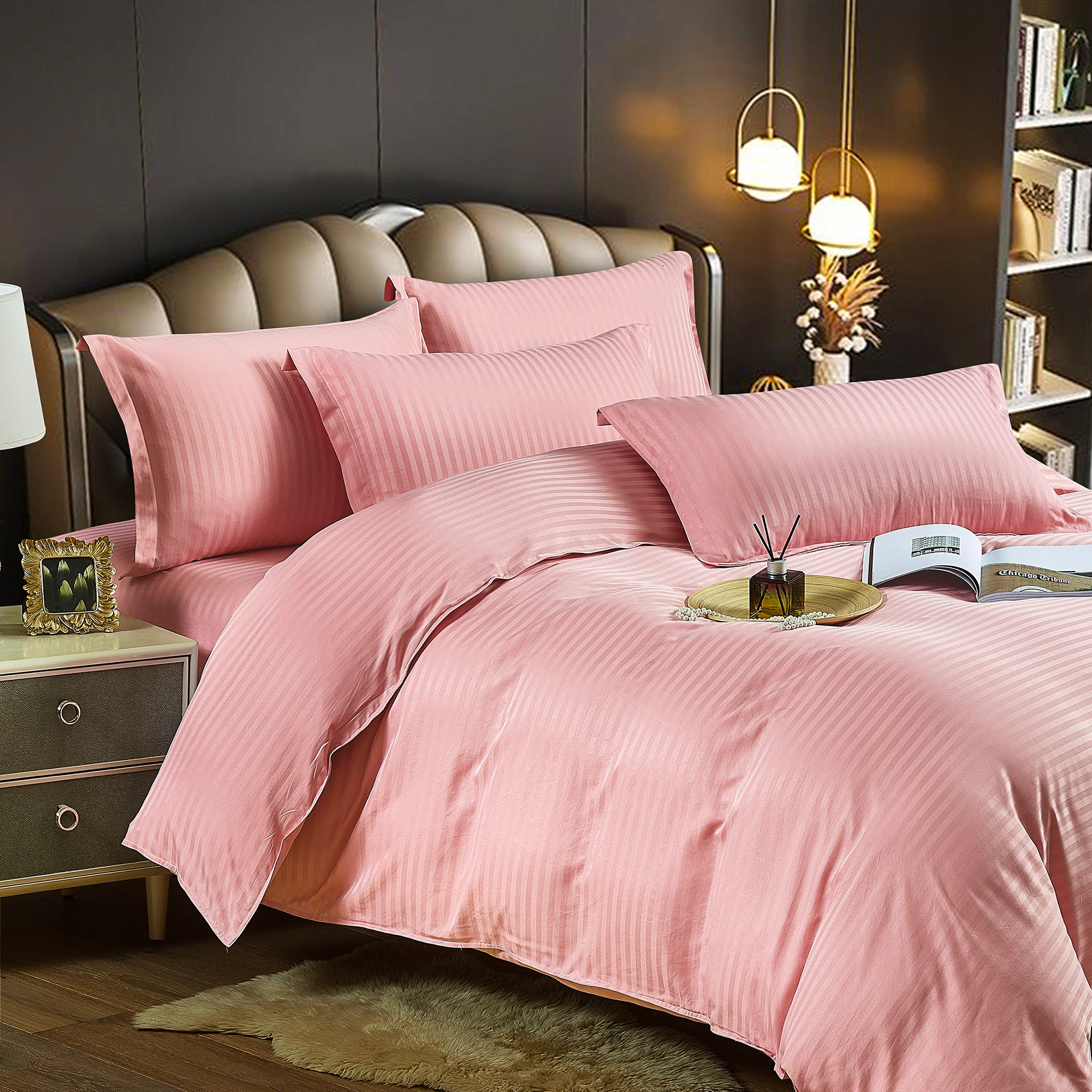 Lenjerie HoReCa, pat dublu, Damasc Finetat Deluxe cu Elastic, 6 piese, Jojo Home, Banan - 2 | YEO