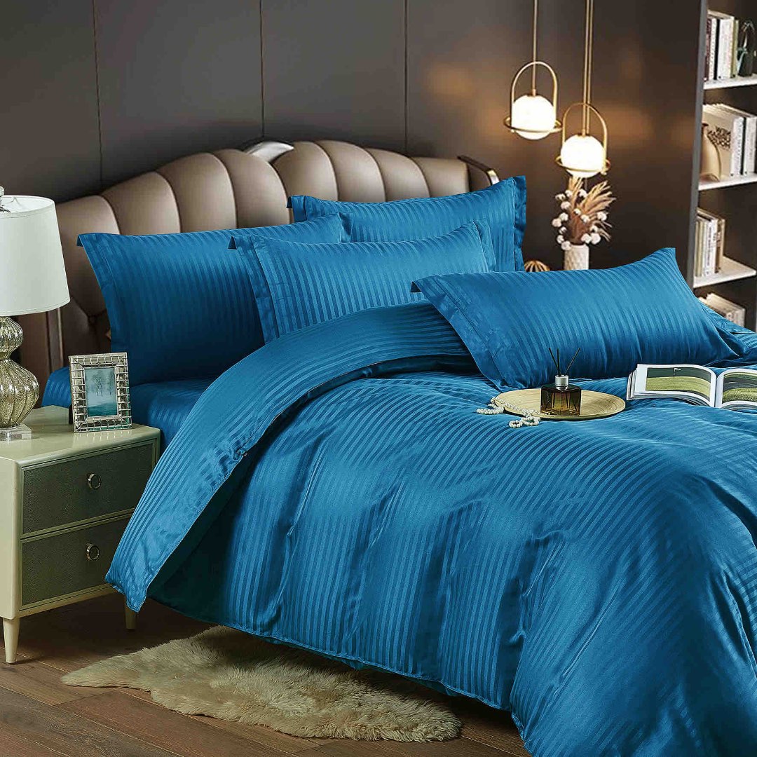Lenjerie HoReCa, pat dublu, Damasc Finetat Deluxe cu Elastic, 6 piese, Jojo Home, Albastru - 2 | YEO