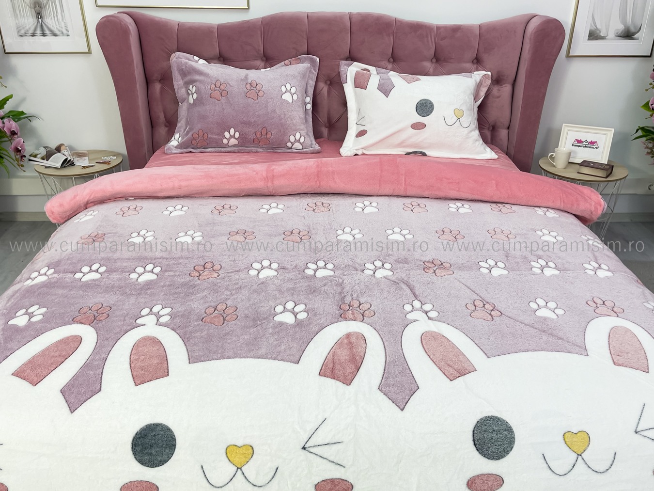 Lenjerie pat dublu, Super Pufoasa COCOLINO,cu ELASTIC, 4 piese, Jojo Home, Roz-Multicolor, iepurasi - 2 | YEO