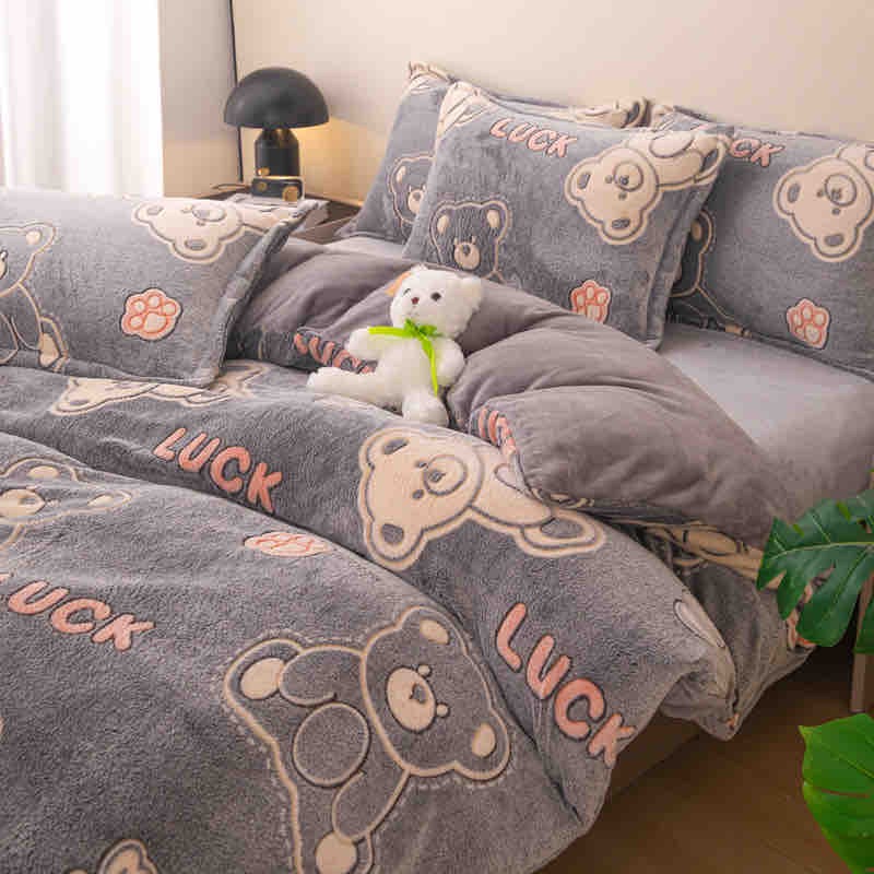 Lenjerie pat dublu, Super Pufoasa COCOLINO,cu ELASTIC, 4 piese, Jojo Home, Gri, Ursuleti - 1 | YEO
