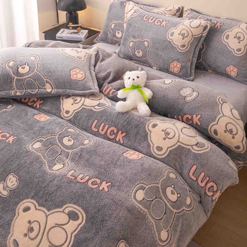 Lenjerie pat dublu, Super Pufoasa COCOLINO,cu ELASTIC, 4 piese, Jojo Home, Gri, Ursuleti - 2 | YEO