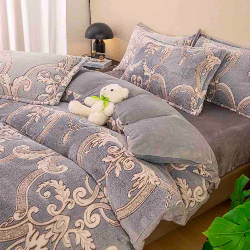 Lenjerie pat dublu, Super Pufoasa COCOLINO,cu ELASTIC, 4 piese, Jojo Home, Gri, Model Elegant - 2 | YEO