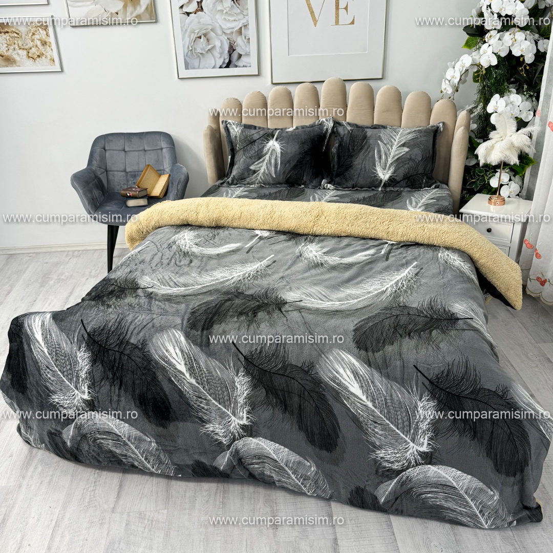 Lenjerie pat dublu, Super Pufoasa COCOLINO cu BLANITA, 4 piese, Gri, pene - 3 | YEO