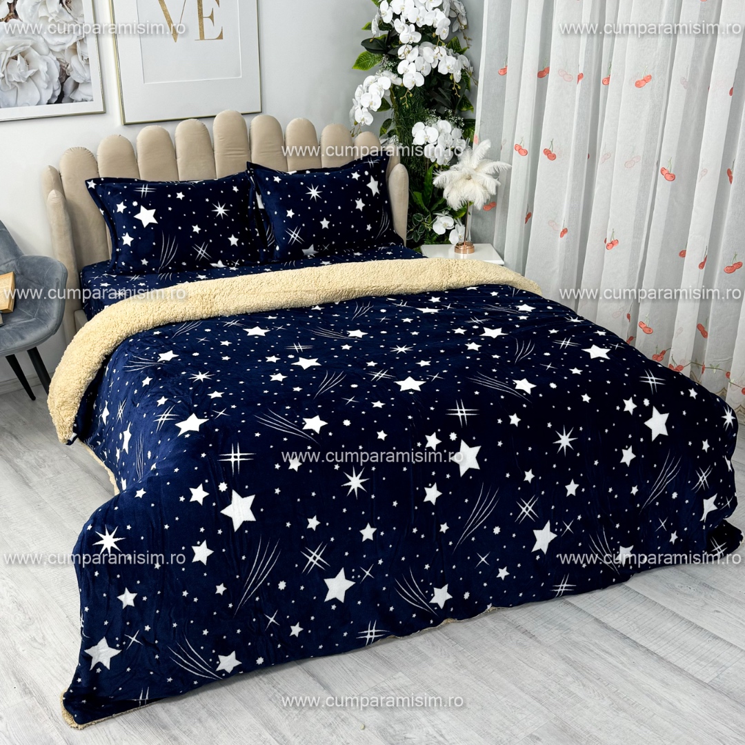 Lenjerie pat dublu, Super Pufoasa COCOLINO cu BLANITA, 4 piese, Bleumarin, ploaie de stele - 3 | YEO