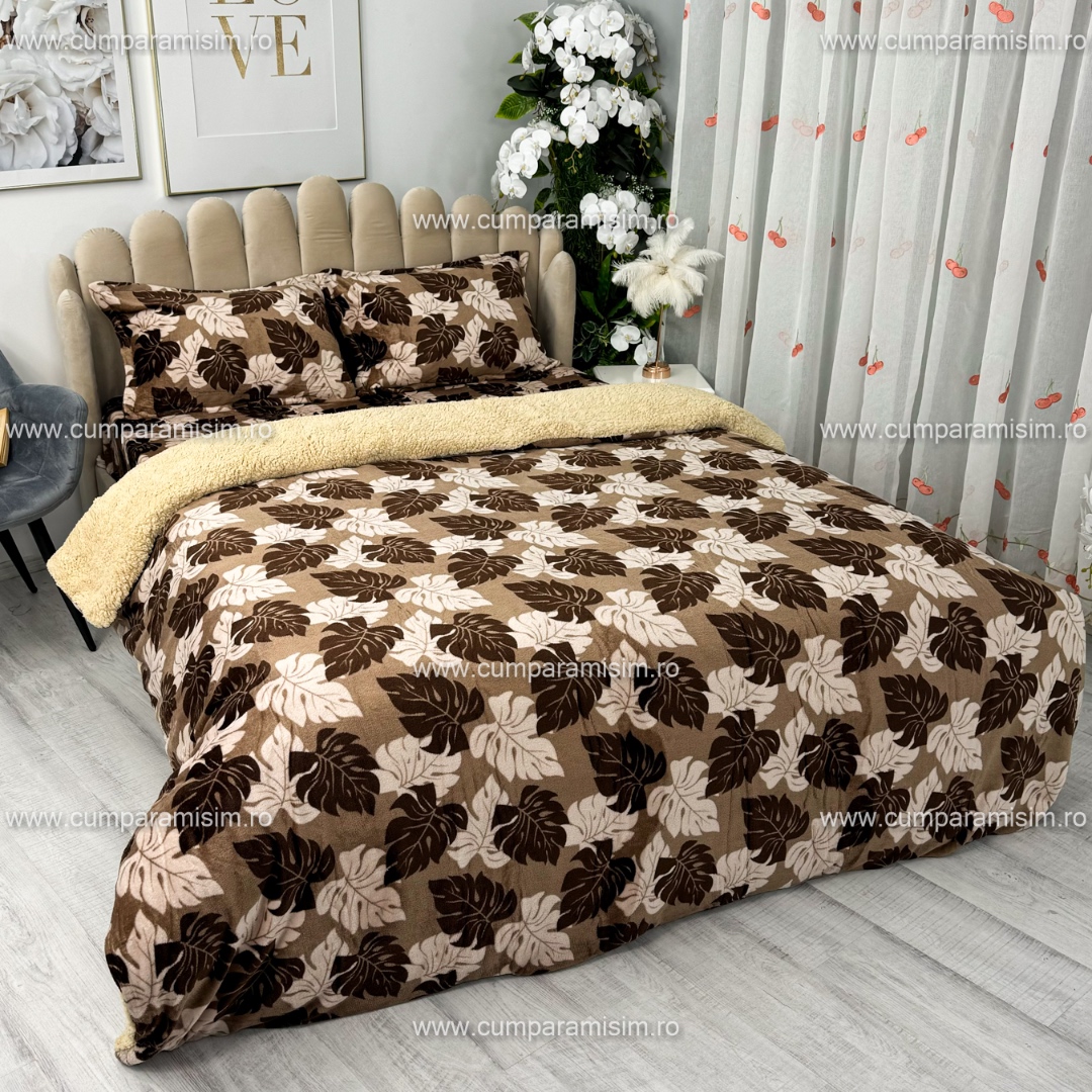 Lenjerie pat dublu, Super Pufoasa COCOLINO cu BLANITA, 4 piese, Maro, frunze de toamna - 2 | YEO