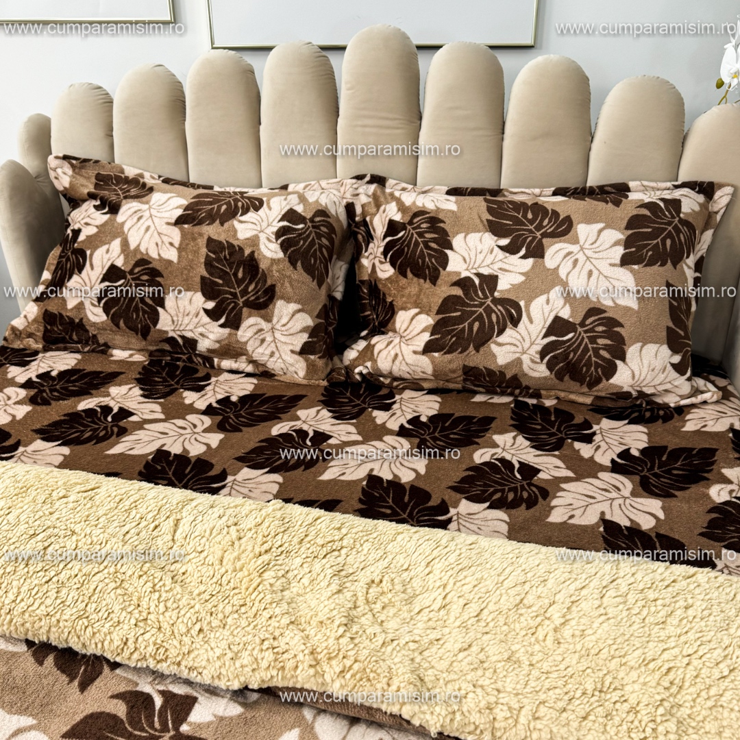 Lenjerie pat dublu, Super Pufoasa COCOLINO cu BLANITA, 4 piese, Maro, frunze de toamna - 4 | YEO