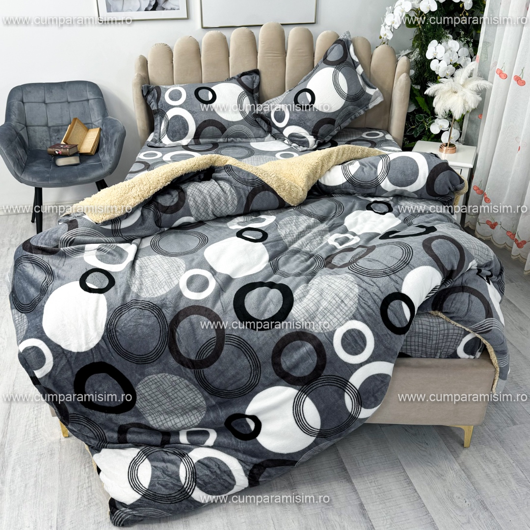 Lenjerie pat dublu, Super Pufoasa COCOLINO cu BLANITA, 4 piese, Gri, cercuri - 1 | YEO