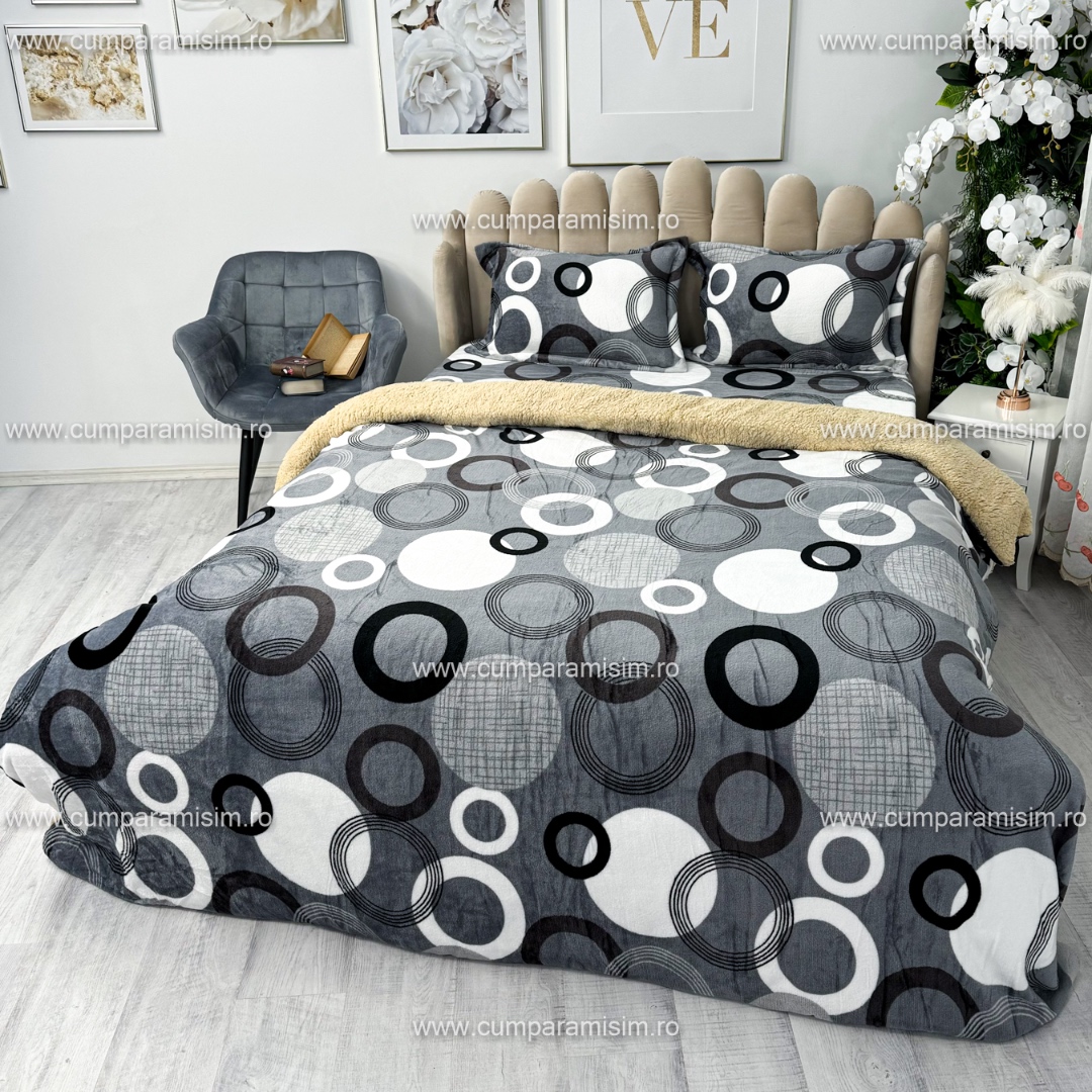 Lenjerie pat dublu, Super Pufoasa COCOLINO cu BLANITA, 4 piese, Gri, cercuri - 4 | YEO