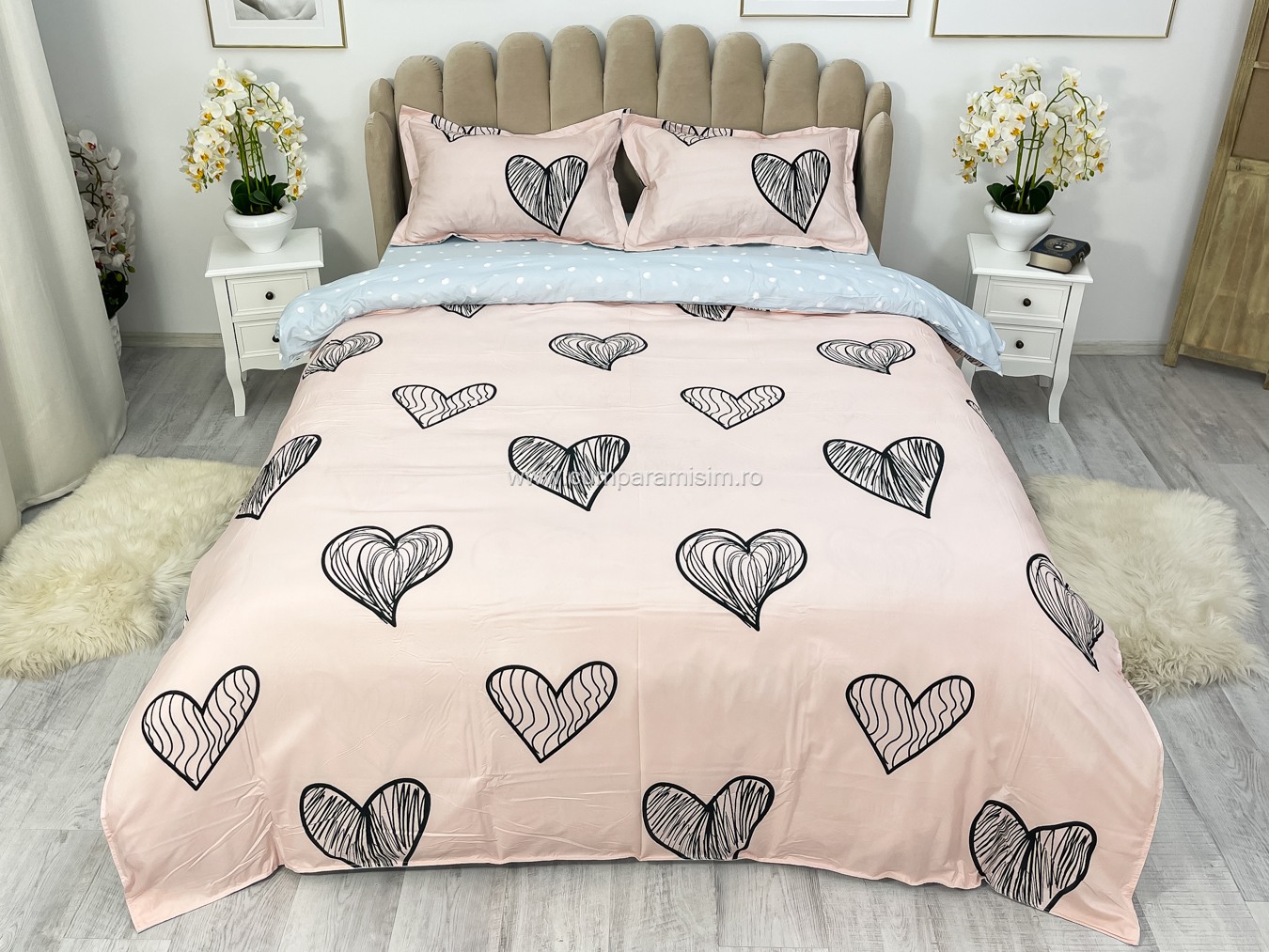 (OFERTA 3 la 219 Lei) Lenjerie pat dublu cu Elastic (160x200cm si 180x200cm), bumbac satinat, Roz, inimioare - 1 | YEO