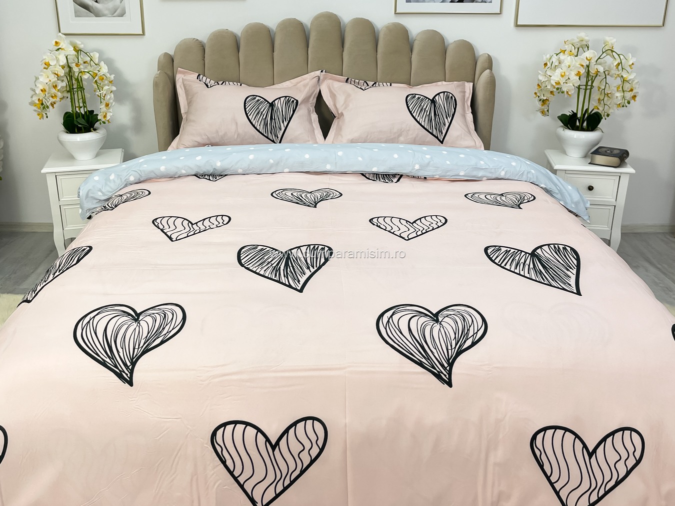 (OFERTA 3 la 219 Lei) Lenjerie pat dublu cu Elastic (160x200cm si 180x200cm), bumbac satinat, Roz, inimioare - 2 | YEO