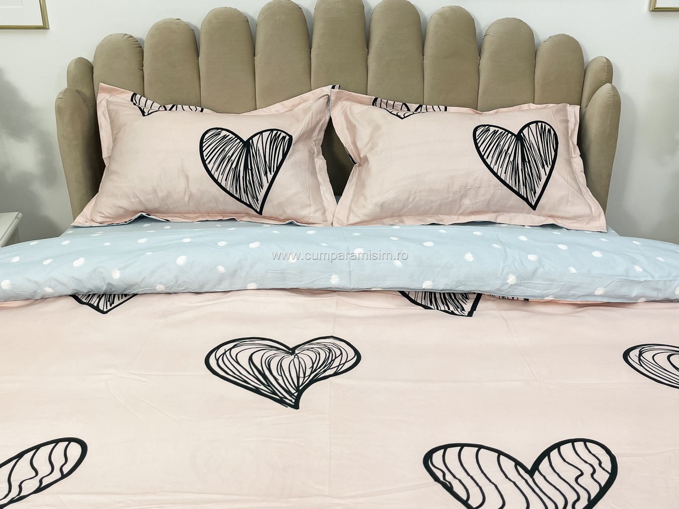 (OFERTA 3 la 219 Lei) Lenjerie pat dublu cu Elastic (160x200cm si 180x200cm), bumbac satinat, Roz, inimioare - 3 | YEO