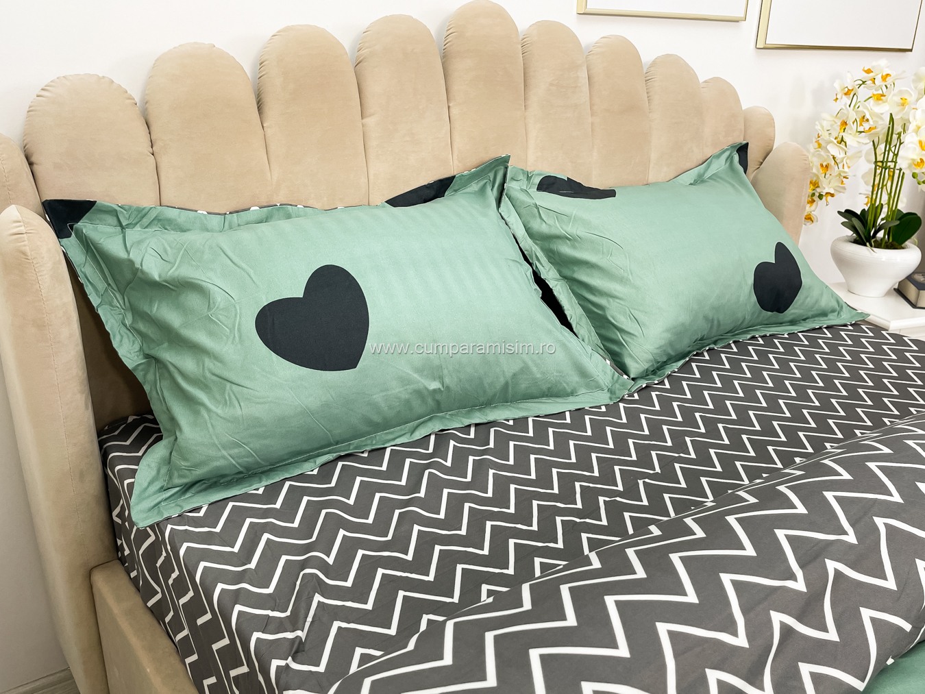 (OFERTA 3 la 199 Lei) Lenjerie pat dublu cu doua feţe, bumbac satinat, 4 piese,  Verde, inimioare - 4 | YEO