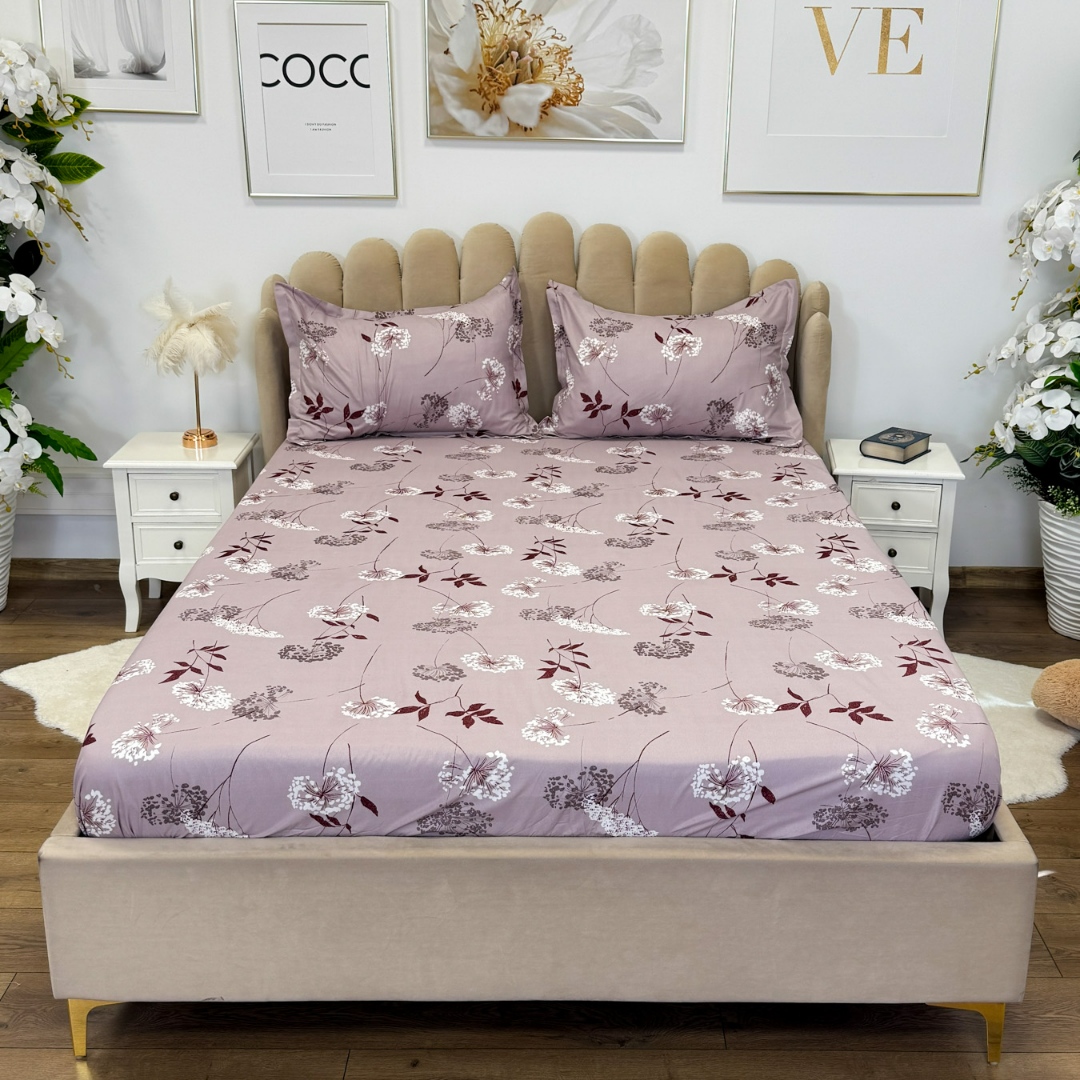 Cearsaf cu Elastic 180x200 cm + 2 Fete de Perna 50x70 cm, Roz, Flori - 1 | YEO