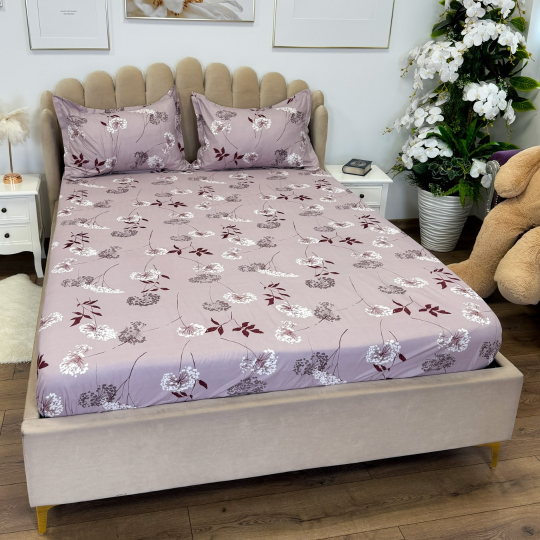 Cearsaf cu Elastic 180x200 cm + 2 Fete de Perna 50x70 cm, Roz, Flori - 2 | YEO